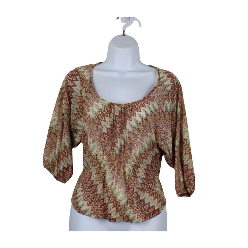 American Rag  Women's Top Tan, Brown & Orange Boho crop 3/4 sleeve size M